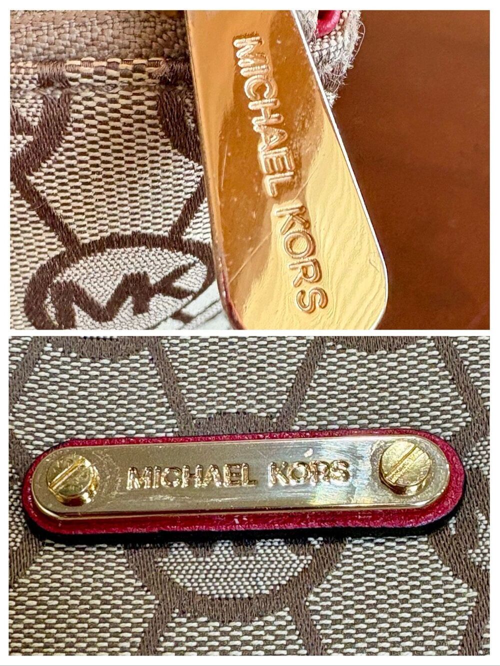 MICHAEL KORS - Jet Set Signature Studded Tote - Beige/Tan Canvas & Red Leather - Picture 10 of 11